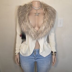 ☆White House Black Market Cream Fur Collar Cardigan☆